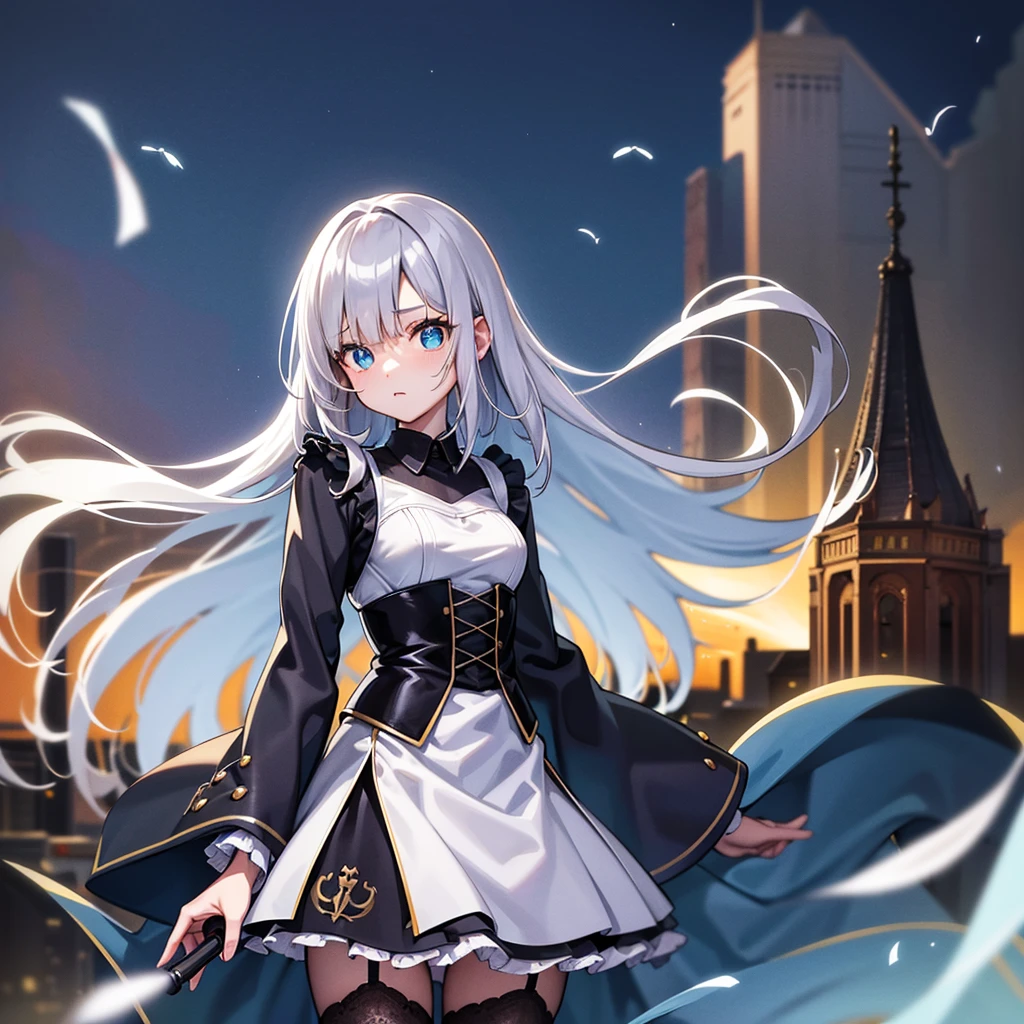 Illustration of one person, Dengeki Bunko, Woman Looking Back, Perfect Human Medicine, Woman keeps falling, {{{{{Maid clothes}}}}},Small Tits,anime, Two legs, Cool,{{{{{50 year old woman}}}}} ,{{{{{a person is depicted}}}}},(Official Art、{{{{{Upper Bodyアングル}}}}},Highest quality、Unity 8k wallpaper、32k、masterpiece、Ultra-detailed、Ultra-high resolution, Realistic、Grab your hair with your hands, Photorealistic:1.2)、(Cinema Lighting:1.2)、,Fire Glow Effect、The most grainy shadows on the film、Rim Light、Side light、Side Shot、(Ultra-detailedで複雑な3Dレンダリング)、Very short hair, Short wolf hair,細部までBeautiful Faceと目、Sharp pupils、Realistic生徒、Slender、Highly detailed background、Beautiful Face、Beautiful 16 year old girl、(Ultra-detailedなスキン、Detailed skin texture:1.Silver Hair:1.3)、Blunt bangs、blue eyes、{{{{{黒いMaid clothes}}}}}、White apron costume、Black knee socks、(Thighs Thighs Thighs Thighs:0.8)、Black Bhutanese sticks and a beautiful sunset、Medieval castle、Dancing on the Tower Roof、(avert your eyes、Overlooking the city:1.3)、Fantastic、Close your mouth and bite, Makes your face smaller, (Tabletop), Highest quality, Perfect Face, 1 Girl, alone, Eye color is light blue, Hair between the eyes, Very Short Hair, blue eyes, Silver Hair, Knee-high boots, corset,Black gloves, Long sleeve, Upper Body, Light and multiple flying birds,