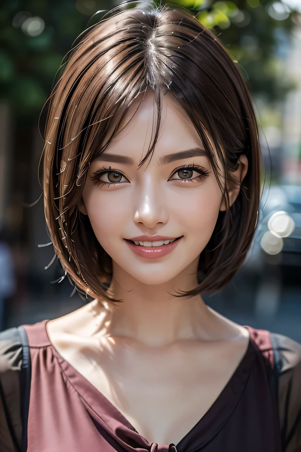 ((masterpiece)), ((Highest quality)), ((Complex)), ((Surreal)), (Realistic), (Mature Woman), ((There are no classes)), Very detailed, (1 female), Beautiful and exquisite, (Beautiful Teeth), Grin, Brunette Bob Hair, Brown eyes, ((blouse)), (Upper Body), (background:none), Perfect Eyes, Captivating eyes, Looking at the audience