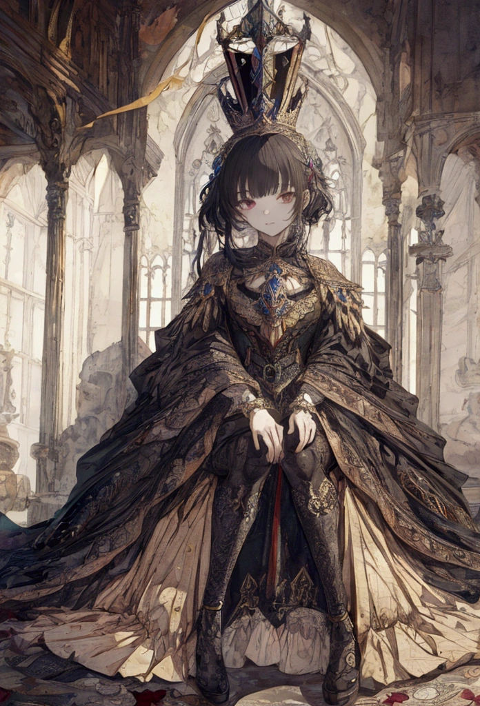 ((masterpiece)), (Highest quality), Official Art, Highly detailed CG, unity 8k wallpaper, Super detailed, View from below、
Highly detailed full body glamour photos by rpgroyalty, Sitting on the throne, Crown, jewelry, tiara, elegant, 
palace, Stained glass, Depth of written boundary, Blurred Background, light, 
 