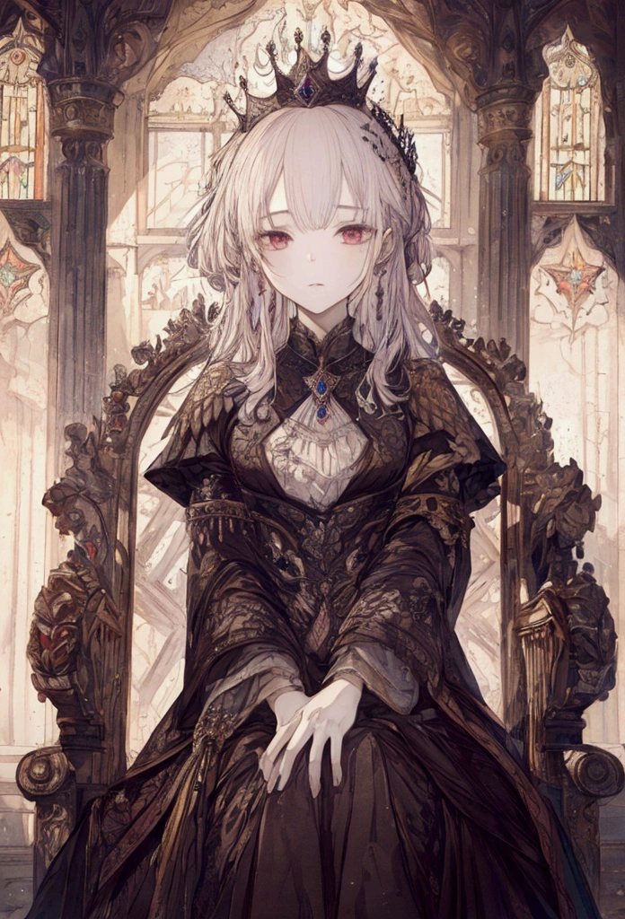 ((masterpiece)), (Highest quality), Official Art, Highly detailed CG, unity 8k wallpaper, Super detailed, View from below、
Highly detailed full body glamour photos by rpgroyalty, Sitting on the throne, Crown, jewelry, tiara, elegant, 
palace, Stained glass, Depth of written boundary, Blurred Background, light, 
 