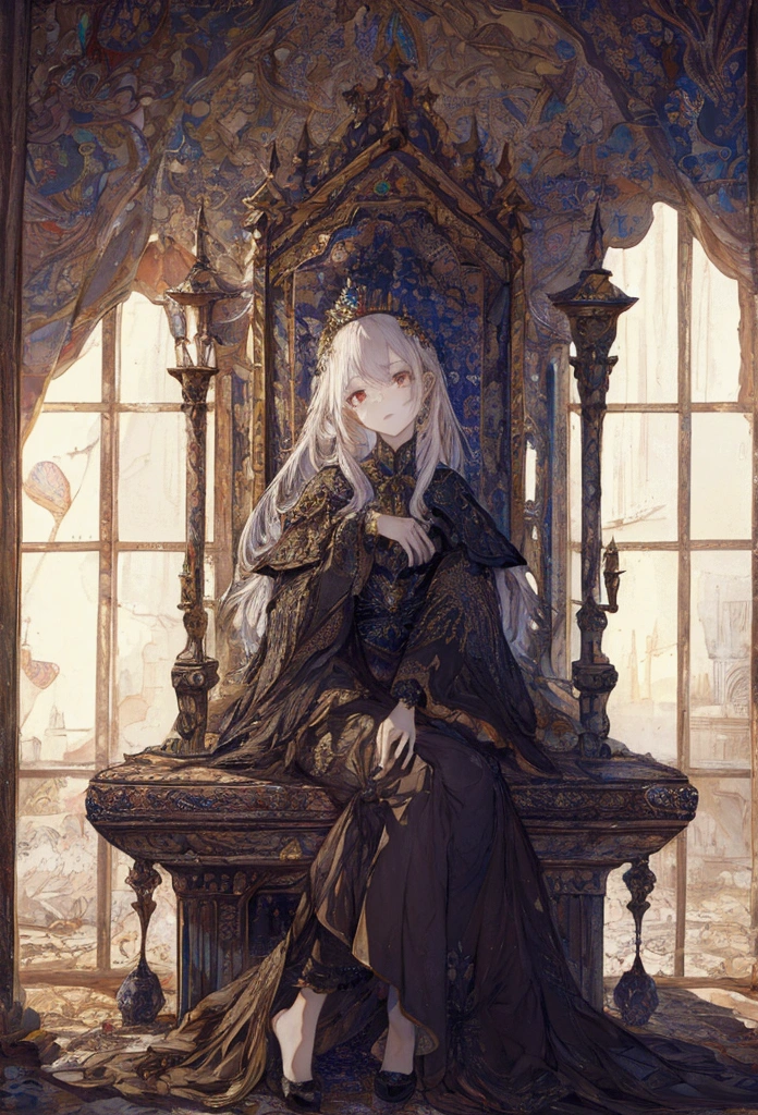 ((masterpiece)), (Highest quality), Official Art, Highly detailed CG, unity 8k wallpaper, Super detailed, View from below、
Highly detailed full body glamour photos by rpgroyalty, Sitting on the throne, Crown, jewelry, tiara, elegant, 
palace, Stained glass, Depth of written boundary, Blurred Background, light, 
 