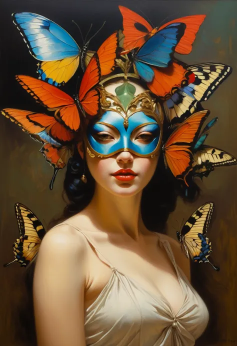 Oil painting of a woman with a butterfly mask on her head, Jonathan Young&#39;s paintings, Adrian Bolda, Moths crawling on my fa...