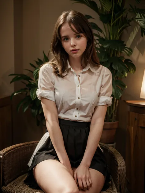 25 years old Felicity Jones, wearing sensual dress cropped shirt, sitting making a sensual pose, seducing
