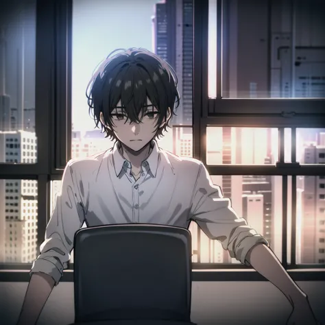 ((best quality)), ((masterpiece)), (detailed), 1boy, , bored look, blank look, disinterested look, resting on desk, school chair...
