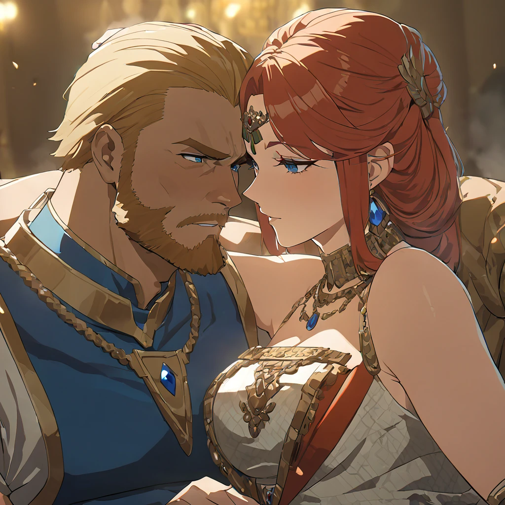 ((Highest quality)), ((masterpiece)), (detailed), （Perfect Face）、The blonde, blue-eyed Queen Zelda is holding a red-haired, brown-skinned baby.、The woman is Queen Zelda of the Gerudo tribe, with blonde hair and blue eyes, and is wearing the luxurious dress of the Gerudo queen.、The man is a dignified, middle-aged, bearded, muscular man with red hair and dark skin, King Ganondorf, the king of the Gerudo tribe, and is dressed in the luxurious and barbaric national dress of the Gerudo king.、A man and woman are kissing close together on the luxurious throne of the Gerudo royal family.、A queen and a king in love