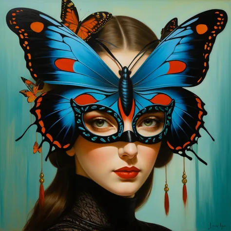Oil painting of a woman with a butterfly mask on her head, Jonathan Young&#39;s paintings, Adrian Bolda, Moths crawling on my fa...