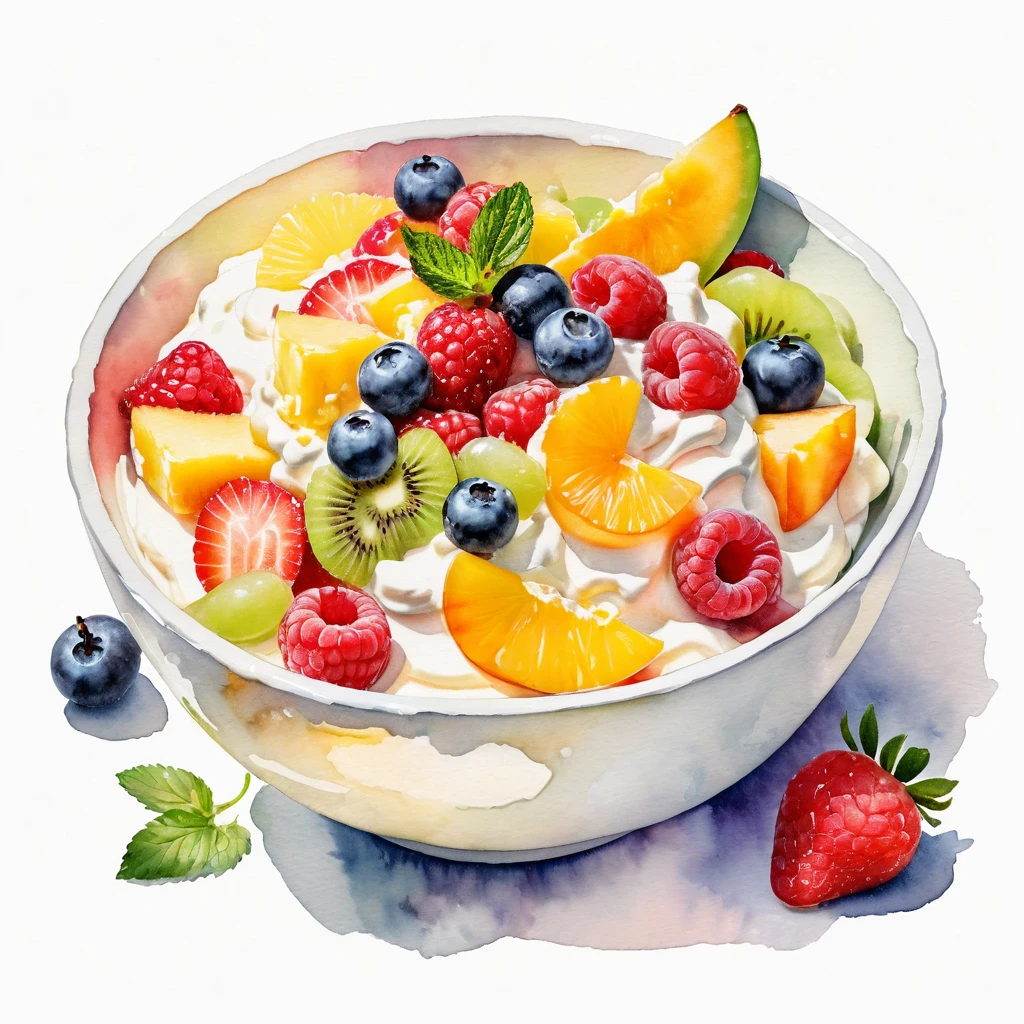 Dibujo de un bol de deliciosa ensalada de frutas con mayonesa y crema., ((acuarela)), Fondo blanco, Configuración del centro, Márgenes alrededor de los objetos, colores descoloridos, Una obra maestra con atención al detalle.