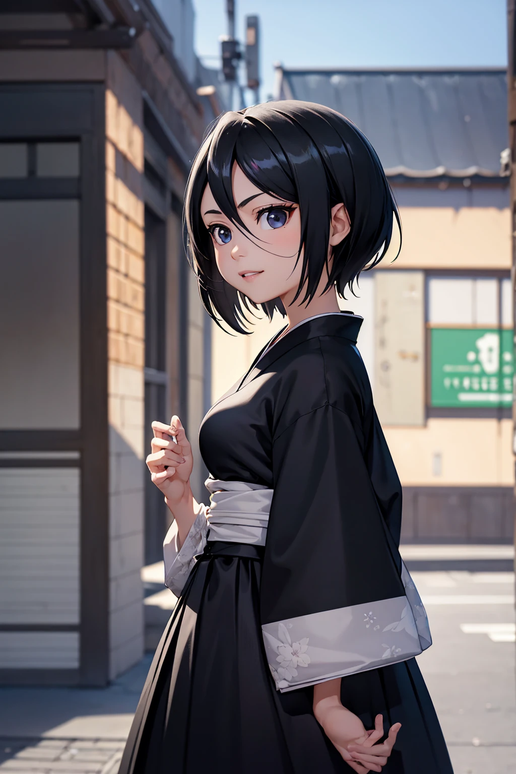 best qualityer, work of art, 1 girl, (standing alone:1.1), ray tracing, ultra detaild,face detailed, 8 k wallpaper, (Broad Hips:0.8), ssmile, hinterland, Holding Jump_VND, 1 girl, Bblack hair, breasts small, shorth hair, black kimono,  