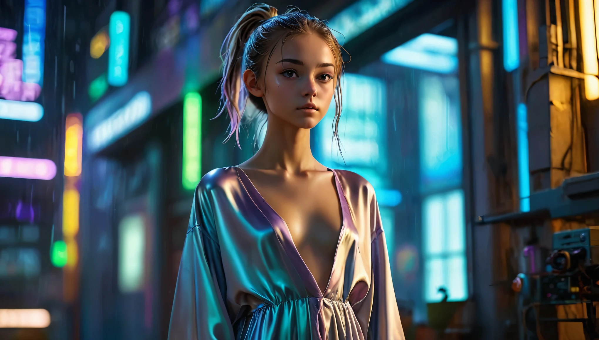 Top Quality, Masterpiece, High Resolution, 8k, (((cute skinny barely legal girl in oversized silky nightgown and wetlook leggings, wide neckline, deep neckline, small perky breasts, beautiful detailed eyes, beautiful detailed lips, small closed mouth, extremely detailed face, long ponytail hair, small hips))), cyberpunk apartment, moody atmosphere, dramatic and random neon colors, futuristic setting, intricate details, at night, backlit, full body shot, view from distance 