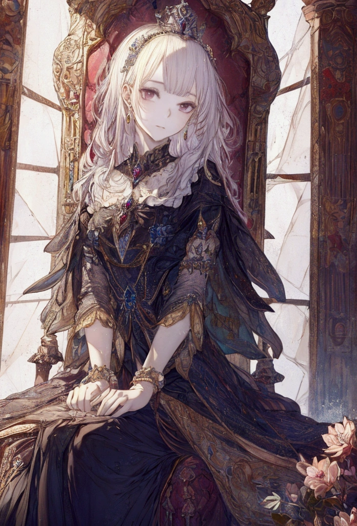 ((masterpiece)), (Highest quality), Official Art, Highly detailed CG, unity 8k wallpaper, Super detailed, View from below、
Highly detailed full body glamour photos by rpgroyalty, Sitting on the throne, Crown, jewelry, tiara, elegant, 
palace, Stained glass, Depth of written boundary, Blurred Background, light, with prince
 