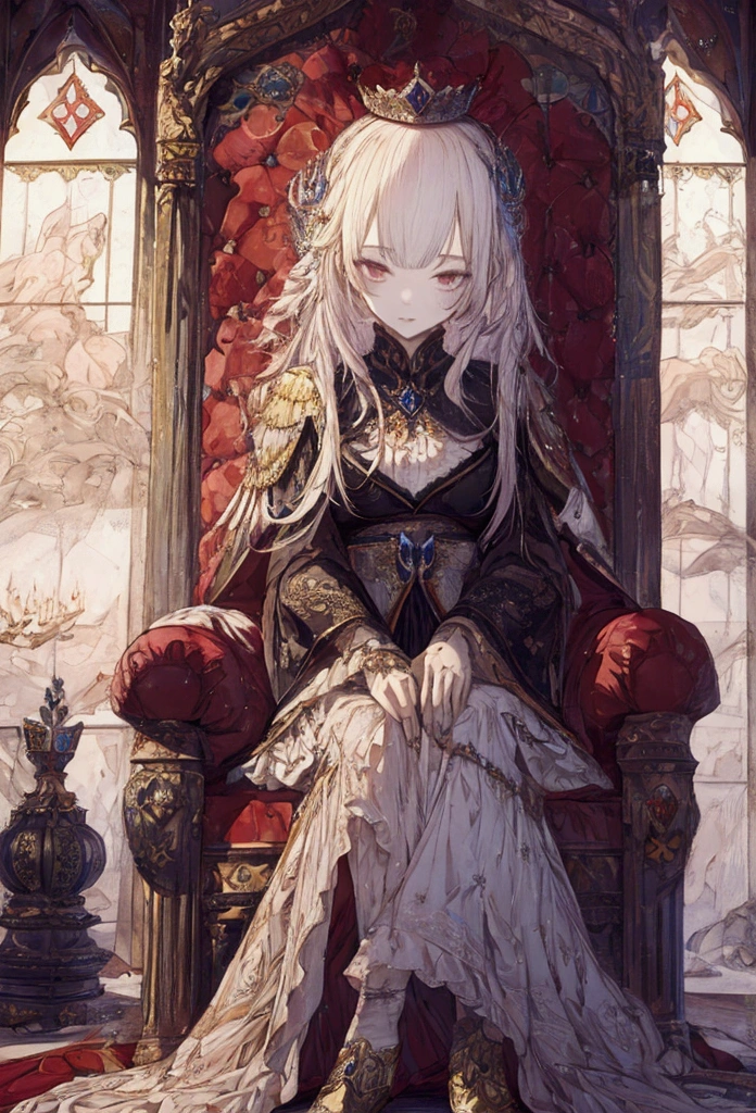 ((masterpiece)), (Highest quality), Official Art, Highly detailed CG, unity 8k wallpaper, Super detailed, View from below、
Highly detailed full body glamour photos by rpgroyalty, Sitting on the throne, Crown, jewelry, tiara, elegant, 
palace, Stained glass, Depth of written boundary, Blurred Background, light, with prince
 