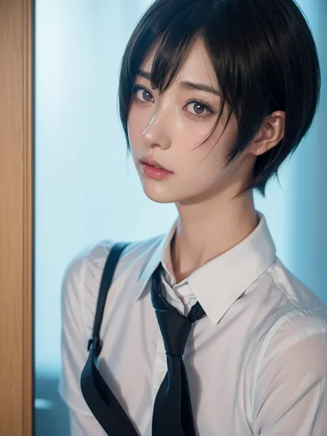 anime girl with short hair and a tie looking out a window, beautiful anime portrait, smooth anime cg art, detailed portrait of a...