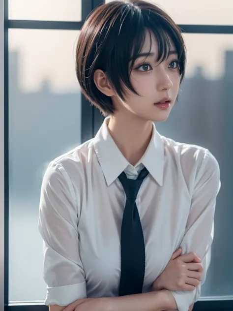 anime girl with short hair and a tie looking out a window, beautiful anime portrait, smooth anime cg art, detailed portrait of a...
