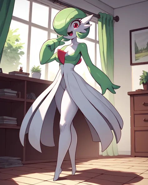 score_9, score_8_up, 1girl, gardevoir, happy, full body, indoors, human proportions, looking at viewer, by diives, giant