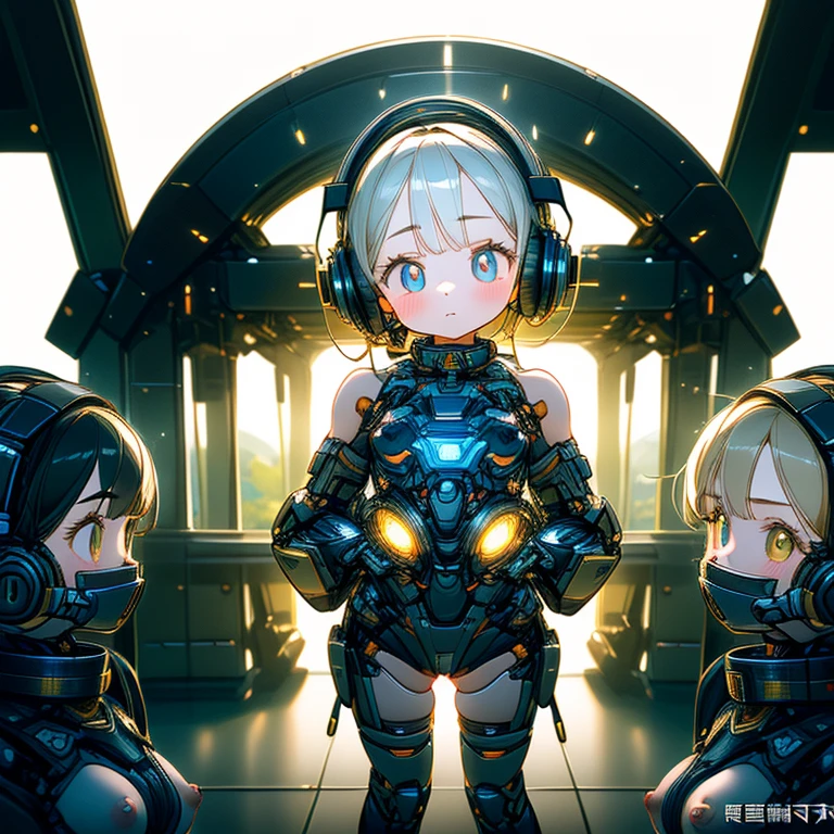 (highest quality, super high resolution, historical masterpiece) Two beautiful android girls (cute girls, 8 years old:1.5) (realistic:1.4), sci-fi world, (androids lined up at equal intervals in a military hangar, carefully drawn one by one) (anatomically accurate eyes, large pupils, large faces, beautiful faces, perfect white skin) (Limbs only reach to elbows and knees, knees and elbows are amputated with mechanical joints, headphones, collar, barcode on chest) (Carefully drawn shaved pussy, correct erect nipples), RAW photo, sharp focus, subdued lighting, delicate light particles, effective use of LoRA, takes time to create a good illustration,