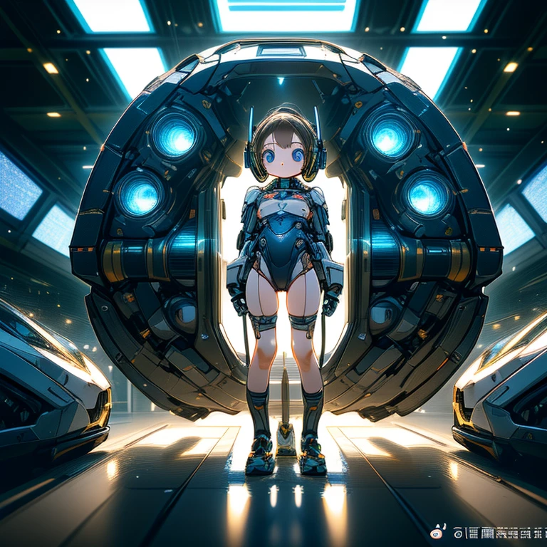 (highest quality, super high resolution, historical masterpiece) Two beautiful android girls (cute girls, 8 years old:1.5) (realistic:1.4), sci-fi world, (androids lined up at equal intervals in a military hangar, carefully drawn one by one) (anatomically accurate eyes, large pupils, large faces, beautiful faces, perfect white skin) (Limbs only reach to elbows and knees, knees and elbows are amputated with mechanical joints, headphones, collar, barcode on chest) (Carefully drawn shaved pussy, correct erect nipples), RAW photo, sharp focus, subdued lighting, delicate light particles, effective use of LoRA, takes time to create a good illustration,