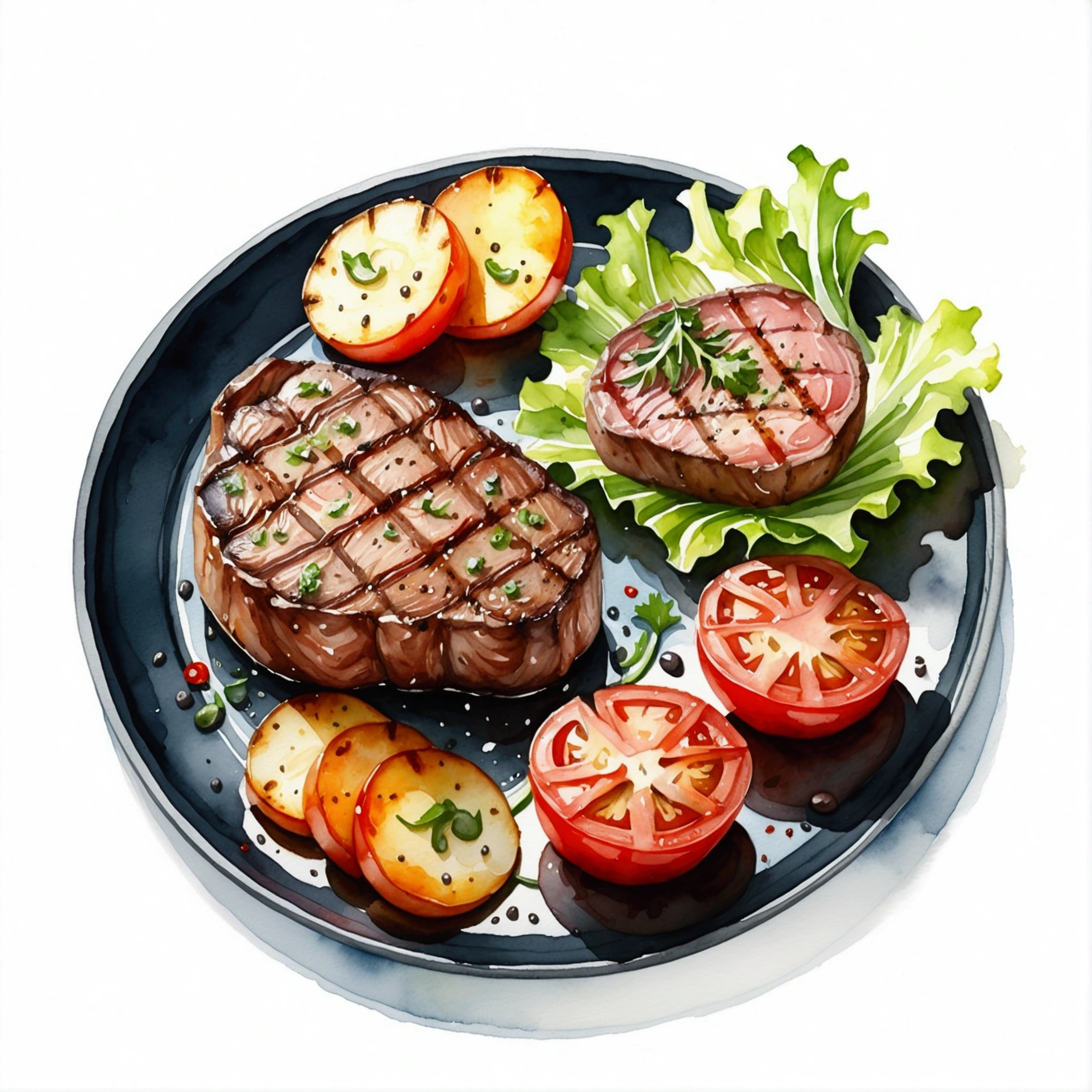 Delicious tenderloin steak and baked potato、Served with grilled tomato slices and green lettuce vegetables々Served on a black plate。, figure, Isolated on white background, Surrounded by negative space, Configuring centering, 8K, The most detailed painting, Very detailed painting, isolated, Clear and vibrant white background, Angle of view, Manga style, ((watercolor)),