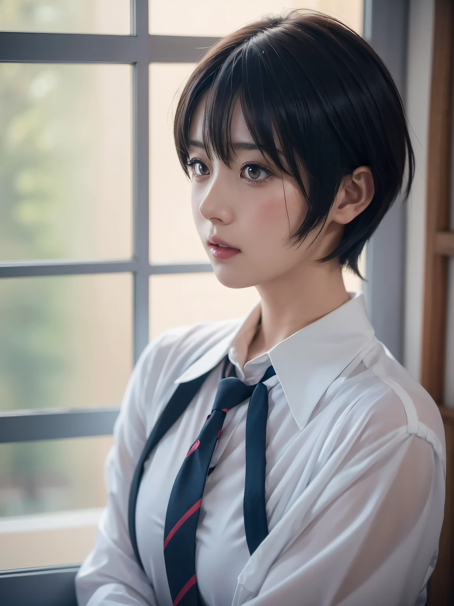 أنيمي girl with short hair and a tie looking out a window, beautiful أنيمي portrait, smooth أنيمي cg art, detailed portrait of أنيمي girl, stunning أنيمي face portrait, portrait أنيمي girl, أنيمي. إضاءة ناعمة, realistic أنيمي artstyle, أنيمي art wallpaper 8 k, beautiful أنيمي girl, detailed digital أنيمي art, الفن الرقمي ايليا كوفشينوف, أنيمي style 4 k