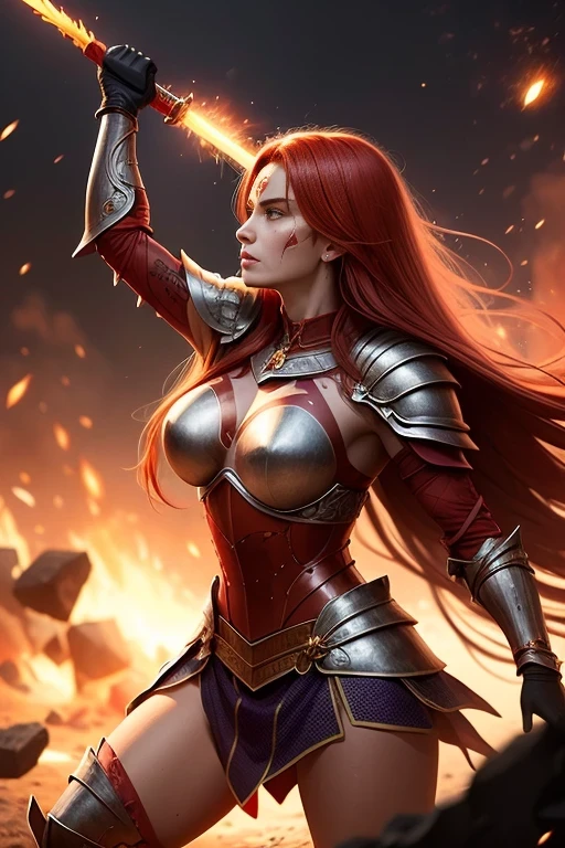 armor, warrior queen with intricate tribal markings etched onto her caucasic skin. Fiery red hair whips around her as she raises a plasma sword in defiance. The embers of a nearby explosion illuminate her armor, highlighting the fallen enemies scattered around her, testaments to her strength.