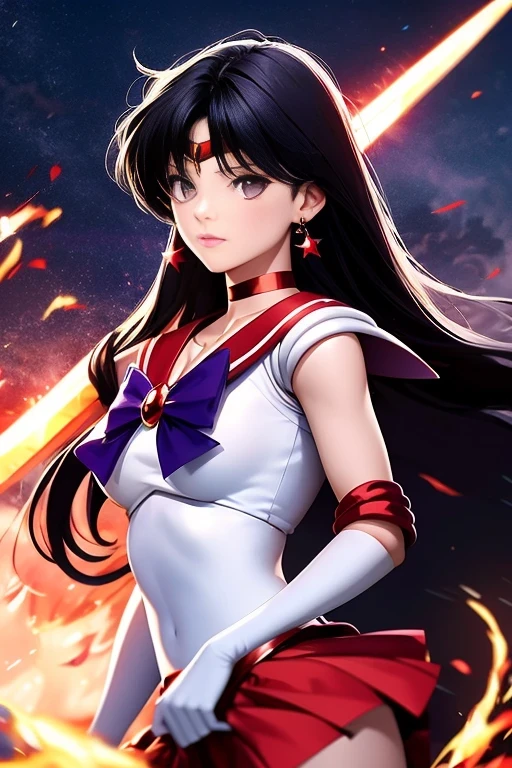 ReiHino, (sailor mars, neck ribbon, long hair, circlet, jewelry, crescent earrings). Fiery red hair whips around her as she raises a plasma sword in defiance. The embers of a nearby explosion illuminate her armor, highlighting the fallen enemies scattered around her, testaments to her strength.