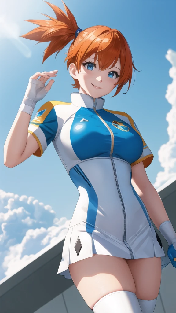 misty pokemon, short hair, Orange hair, Side ponytail, Blue eyes, SMILE, BREAK, rocket team uniform, (logo on shirt:1.25), White jacket, White skirt, thigh high boots, diaphragm, (bright Eyes:1.25), Masterpiece, Best Quality, extremely detailed, high quality, 4k, sharp focus, professional, sharp focus, awarded, cinematic lighting, octane rendering, unreal engine, volumetric dtx, wallpaper,