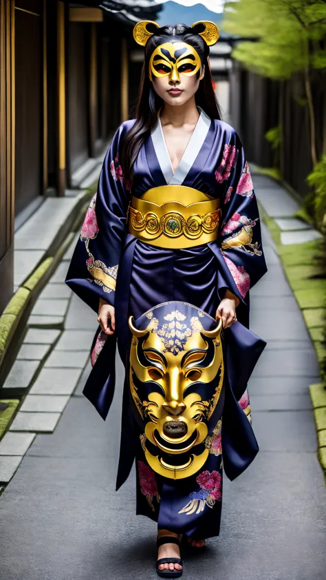 ((masterpiece)),(((highest quality))),kagura in hiroshima prefecture，wearing an impressive demon mask:1.5，wearing a kimono，the k...