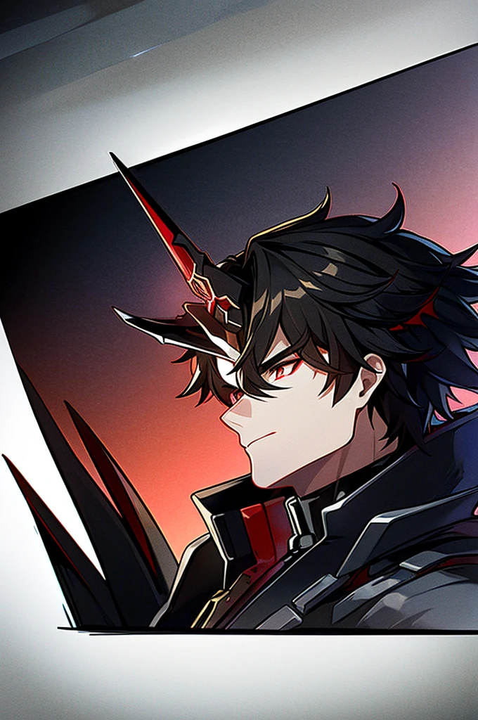 Man with black hair, dark eyes and black armor with red details with a black rose. With the face of a handsome man (detailed in Full HD 4K) with a single horn growing out of his head