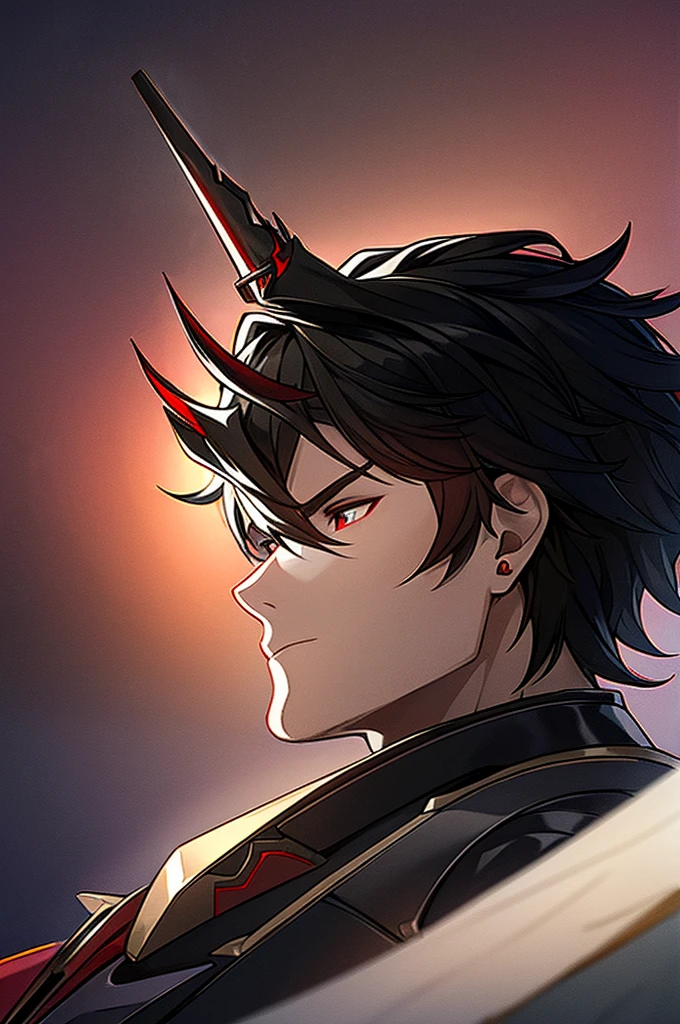 Man with black hair, dark eyes and black armor with red details with a black rose. With the face of a handsome man (detailed in Full HD 4K) with a single horn growing out of his head