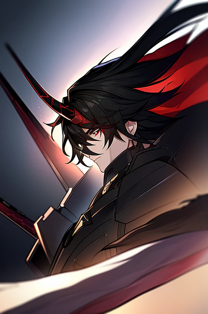 Man with black hair, dark eyes and black armor with red details with a black rose. With the face of a handsome man (detailed in Full HD 4K) with a single horn growing out of his head