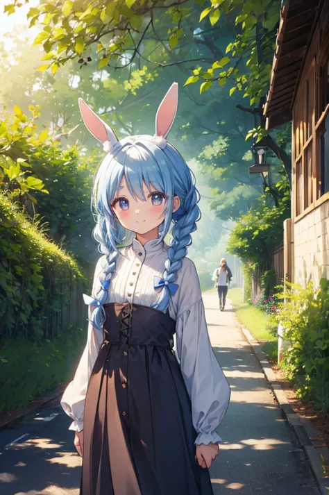 A peaceful road、Walk slowly、Happy expression、Braids on both sides、Bunny ears、Lots of greenery、