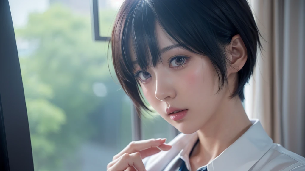 日本卡通 girl with short hair and a tie looking out a window, beautiful 日本卡通 portrait, smooth 日本卡通 cg art, detailed portrait of 日本卡通 girl, stunning 日本卡通 face portrait, portrait 日本卡通 girl, 日本卡通. 柔和的燈光, realistic 日本卡通 artstyle, 日本卡通 art wallpaper 8 k, beautiful 日本卡通 girl, detailed digital 日本卡通 art, 數位藝術 伊利亞·庫夫希諾夫, 日本卡通 style 4 k