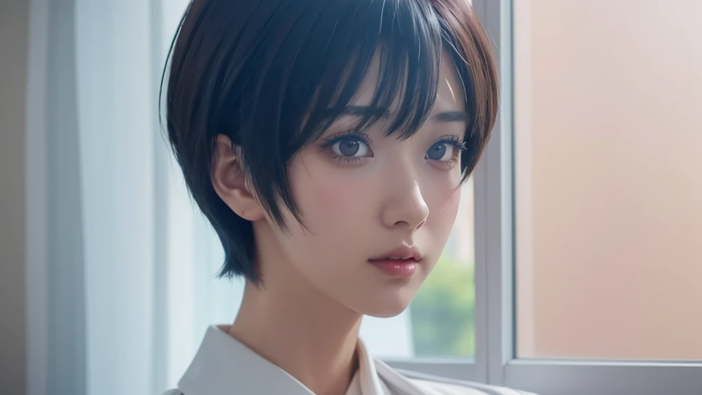 anime girl with short hair and a tie looking out a window, beautiful anime portrait, smooth anime cg art, detailed portrait of anime girl, stunning anime face portrait, portrait anime girl, anime. soft lighting, realistic anime artstyle, anime art wallpaper 8 k, beautiful anime girl, detailed digital anime art, digital art ilya kuvshinov, anime style 4 k