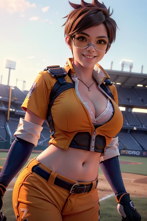 Tracer as a sexy baseball player, baseball field, sexy baseball uniform, cleavage, midriff, smiling, friendly expression, dynamic pose, bright lighting, warm colors, photorealistic, (best quality,4k,8k,highres,masterpiece:1.2),ultra-detailed,(realistic,photorealistic,photo-realistic:1.37)