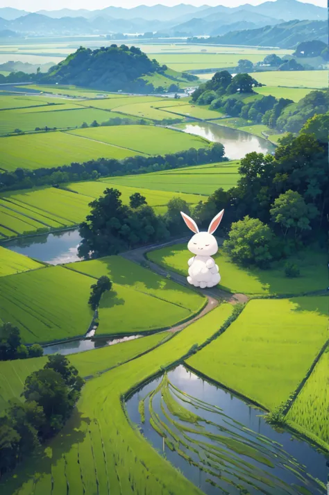 A peaceful rice field road、Walk slowly、Happy expression、Braids on both sides、Bunny ears、Lots of greenery、Shot from above、