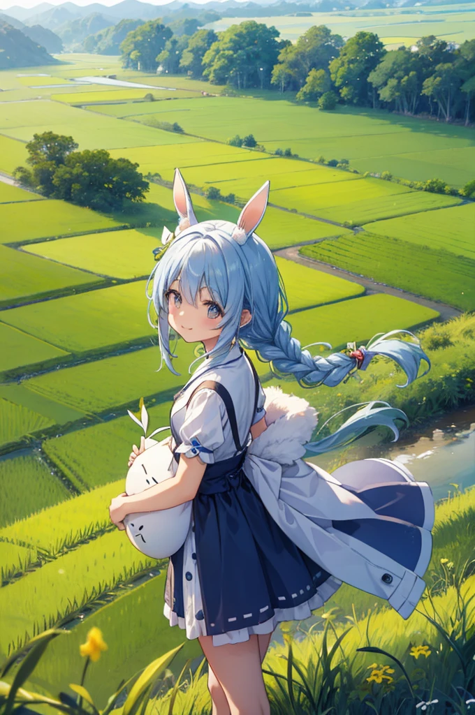 A peaceful rice field road、Walk slowly、Happy expression、Braids on both sides、Bunny ears、Lots of greenery、Shot from above、