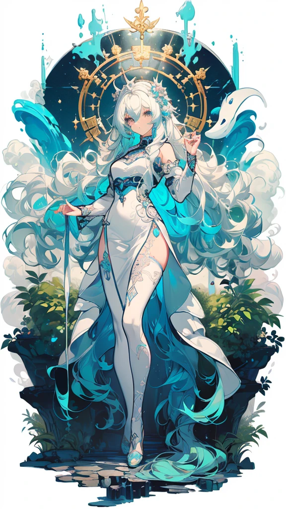 ((masterpiece, best quality)), Delicate face，Snake Woman，Full body painting，Perfect body proportions，Long legs，((Long wavy hair)), ((Half of her hair is white，The other half is cyan，Available in two colors))，beautiful eyes，Fantasy style，White background，transparent，cheongsam，Lace，Garter