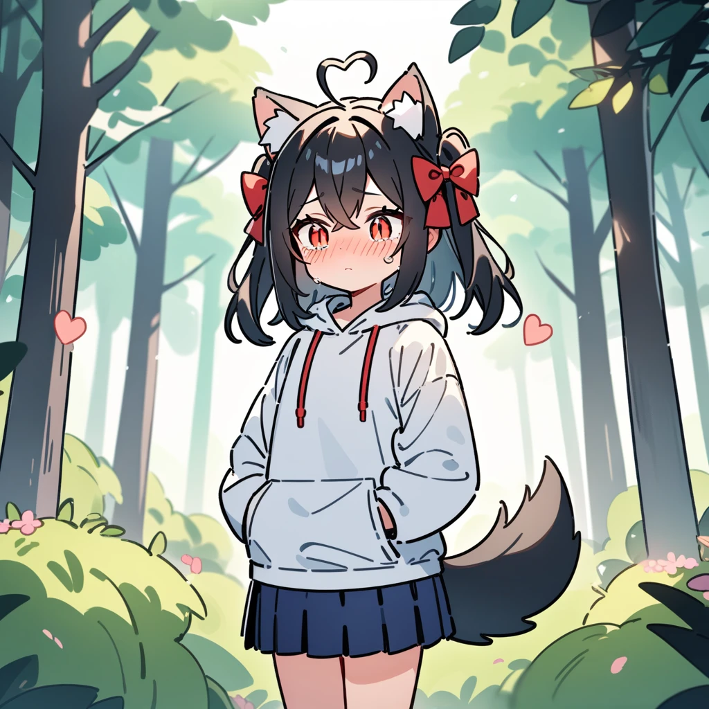 （masterpiece：1.2，high quality），8K，High resolution，A seven-year-old girl，cute girl，black hair，long hair，hair two side up，hair bow，crossed bangs，red eyes，slit pupils，heart ahoge，cat ears，full-face blush，expressionless eyes，tears，Wearing a white hoodie，Dark blue pleated skirt，Stand in the forest，There are flowering trees on both sides.，primary school student，thigh，alone，dog tail，（Put your hands in your pockets），（（Put your hands in your pockets））