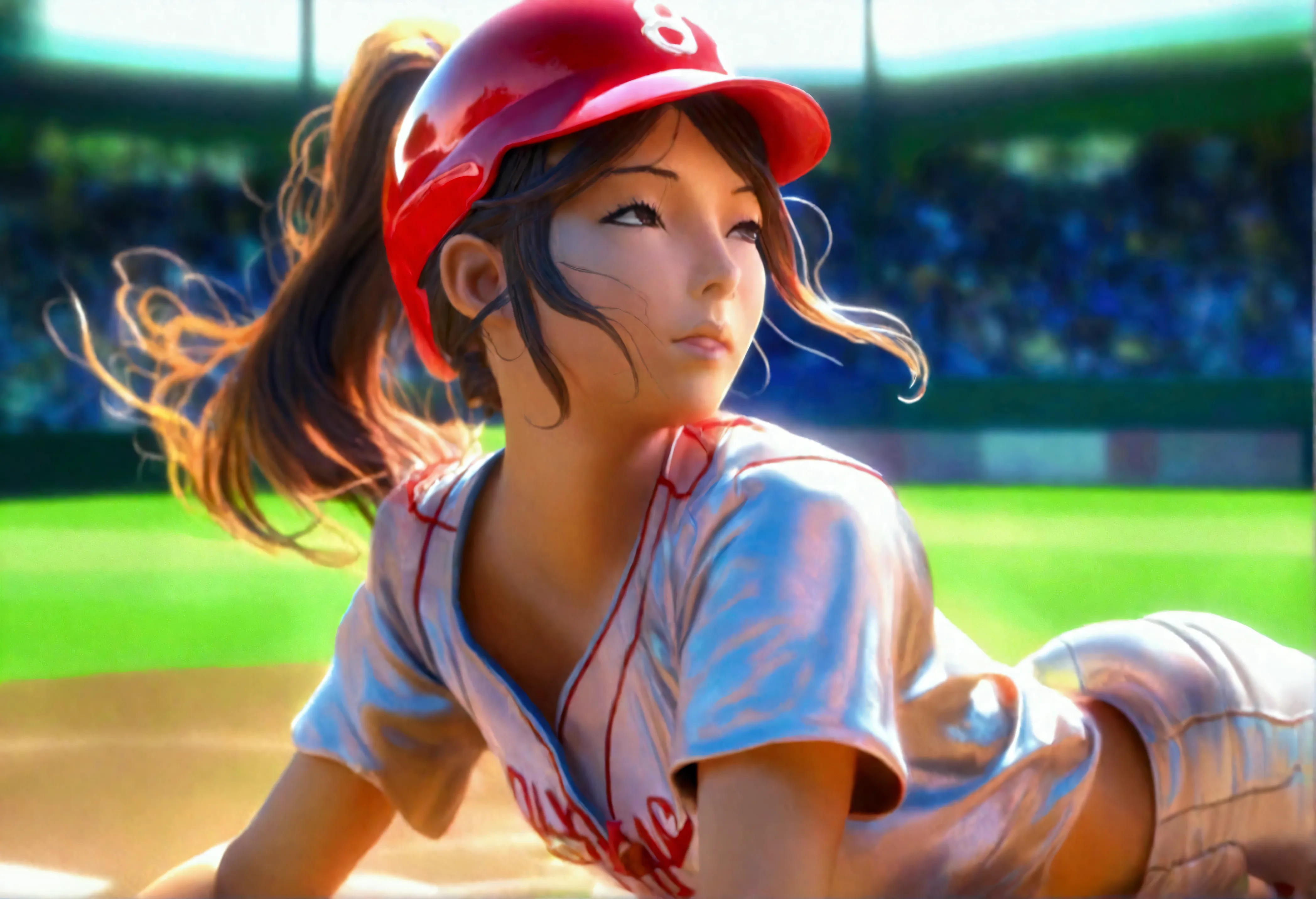 a cute woman in a sexy baseball uniform with her hair in a ponytail, sliding into 3rd base, entire body visible, camera angle lo...