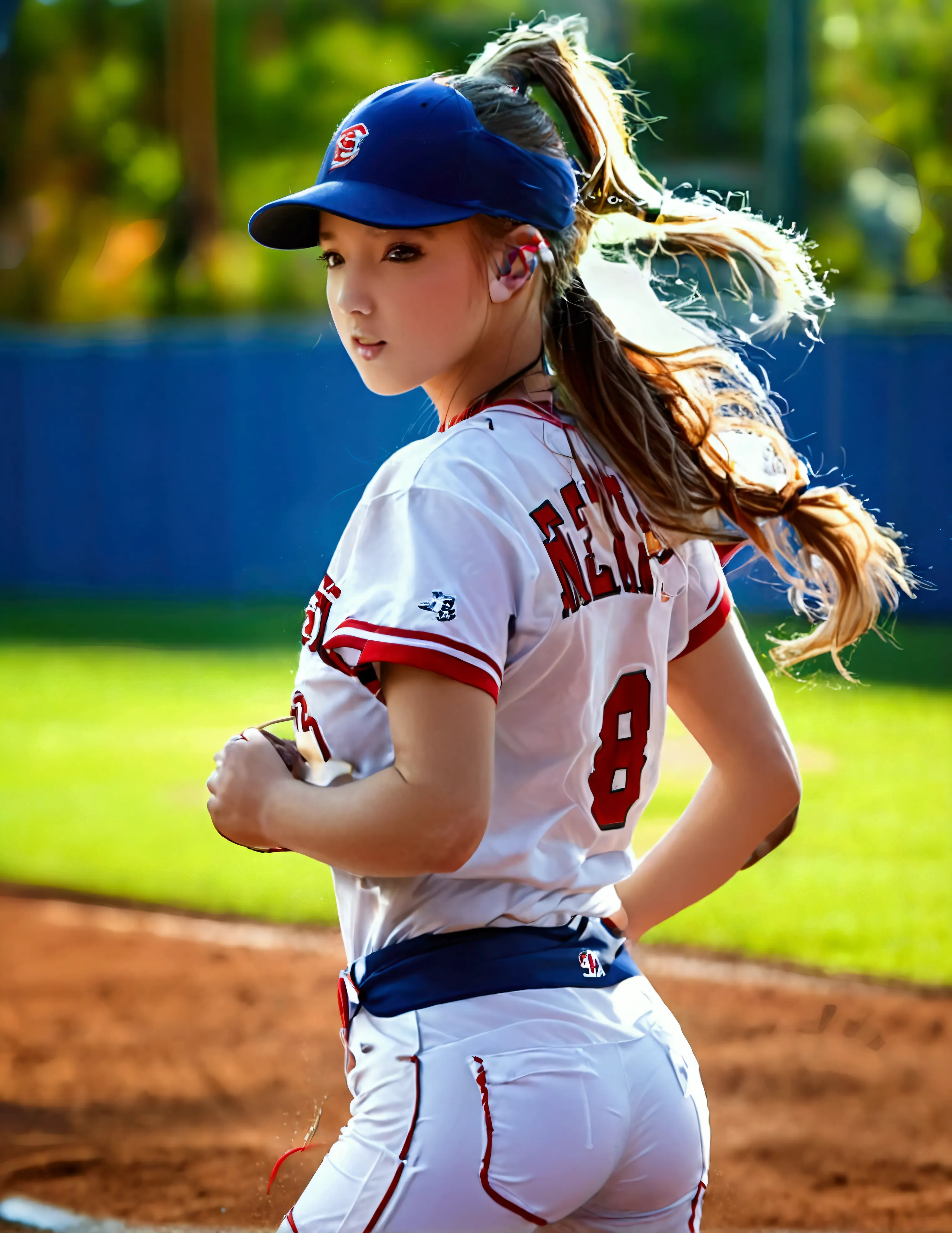 a cute woman (sexy baseball uniform, hair in ponytail), running to 3rd base, show her entire body, camera low to ground