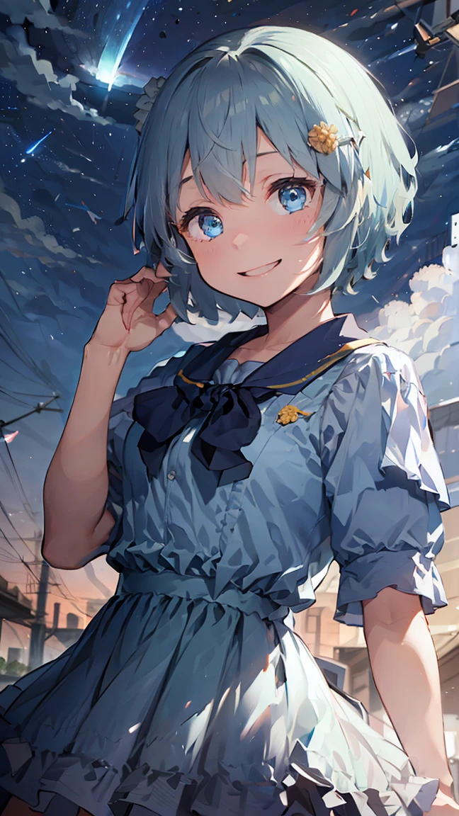 masterpiece, Highest quality, High resolution, Very detailed,(((Seiun Sky))), Beautiful blue dress、blue flower、smile、Skirt fluttering in the wind、Night Sky、meteor、Beautiful Eyes、Thin body type、thin