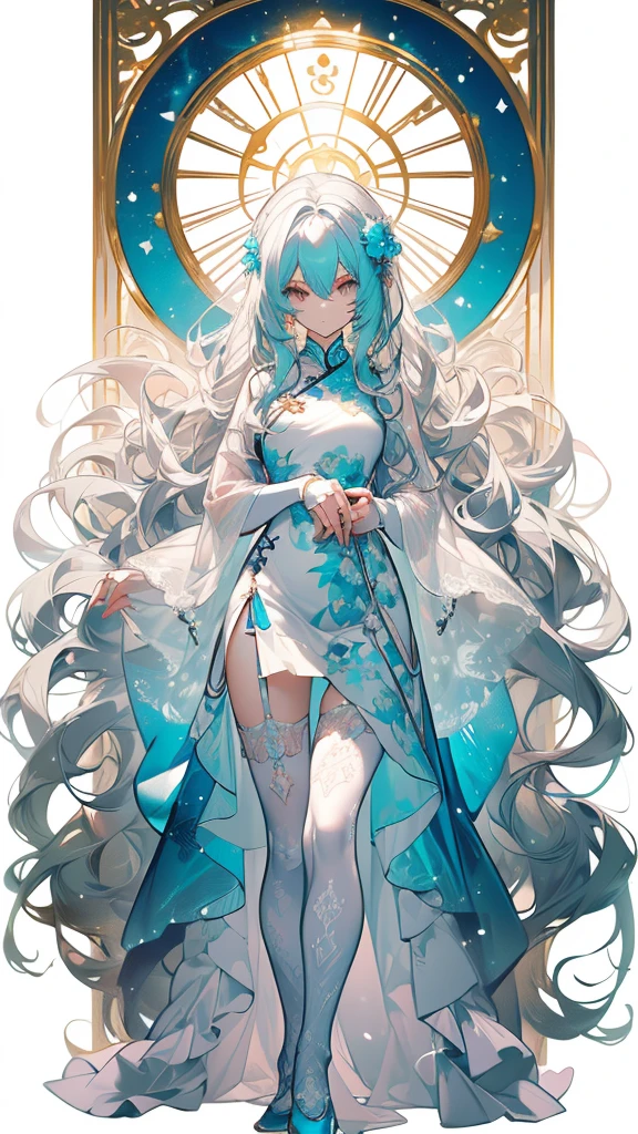 ((masterpiece, best quality)), Delicate face，Snake Woman，Full body painting，Perfect body proportions，Long legs，((Long wavy hair)), ((Half of her hair is white，The other half is cyan，Available in two colors))，beautiful eyes，Fantasy style，White background，transparent，cheongsam，Lace，Garter, transparent clothing 