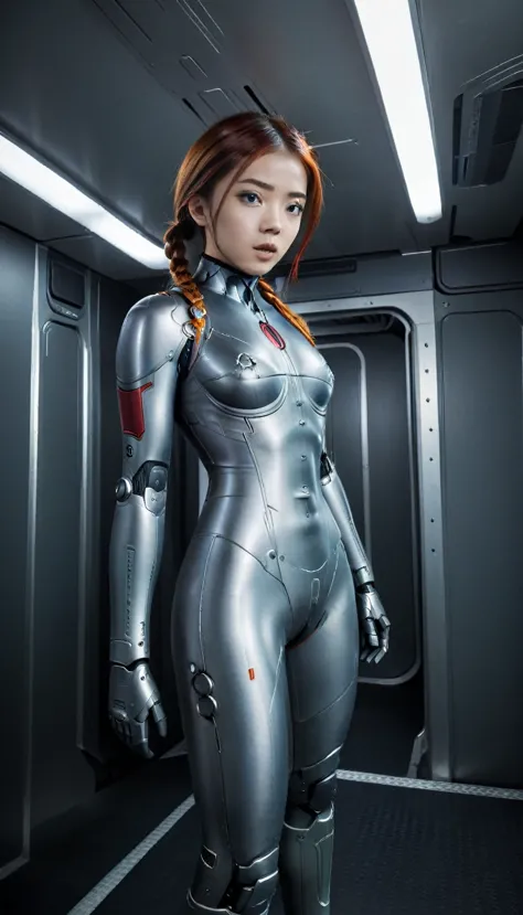 1 girl、medium bust、solo、red hair、braid、mobile race suit、shoulder armor、ceiling、wide shot、looking ahead、zipup suit 、closed mouth、...