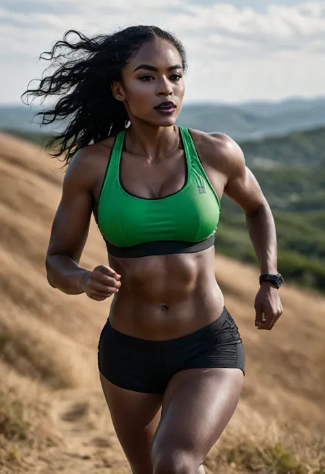 There is a woman running on a hill with a sky background, running freely, sports clothes, be running up that hill, dynamic activ...