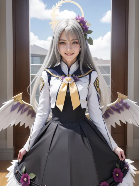 Masterpiece, hd, realistic, cosplayer,  azusadef, halo, white uniform, wings, smile, looking at viewer, standing, indoors, maste...