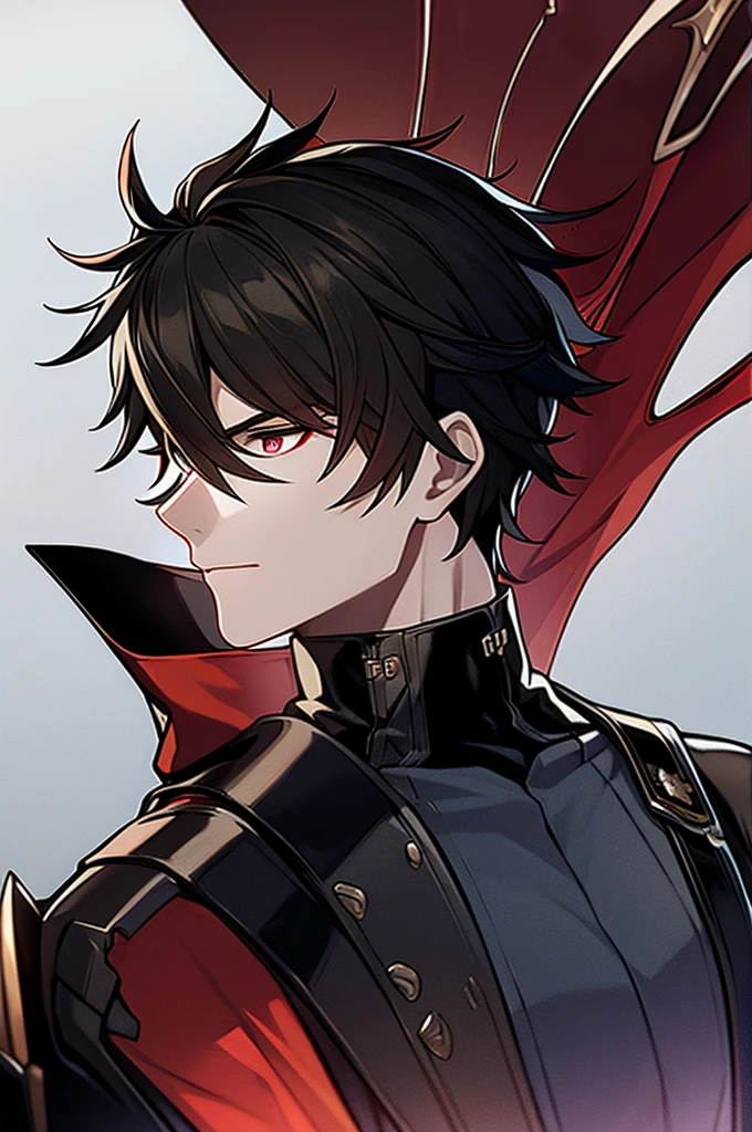 Man with black hair, dark eyes and black armor with red details with a black rose. With the face of a handsome man (detailed in Full HD 4K) 