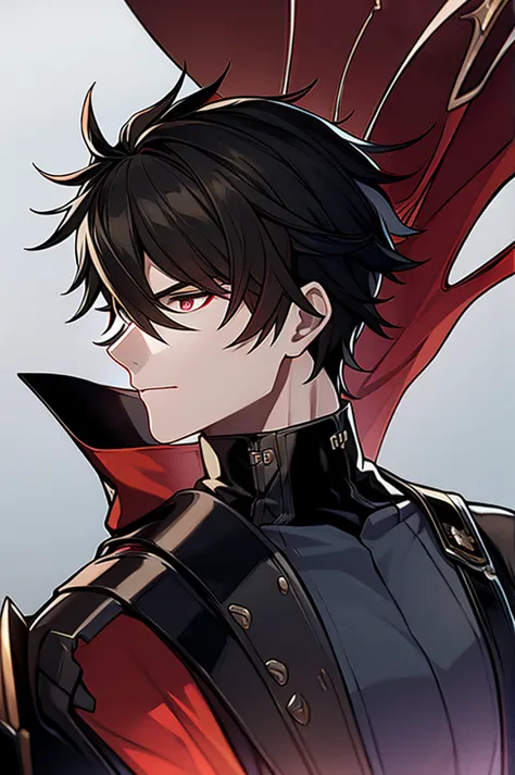 Man with black hair, dark eyes and black armor with red details with a black rose. With the face of a handsome man (detailed in ...