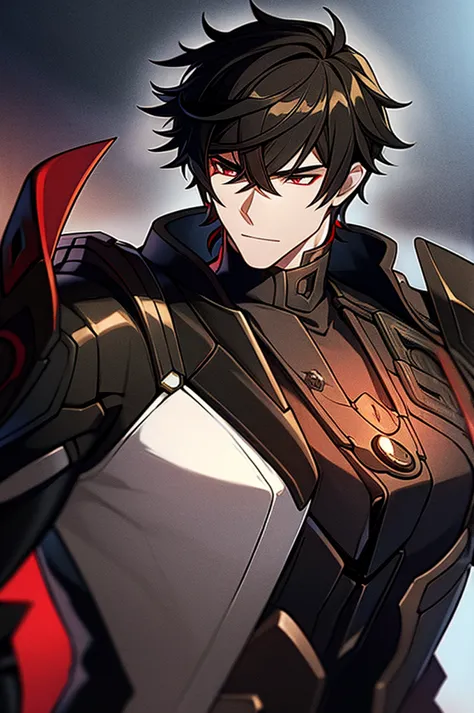 Man with black hair, dark eyes and black armor with red details with a black rose. With the face of a handsome man (detailed in ...