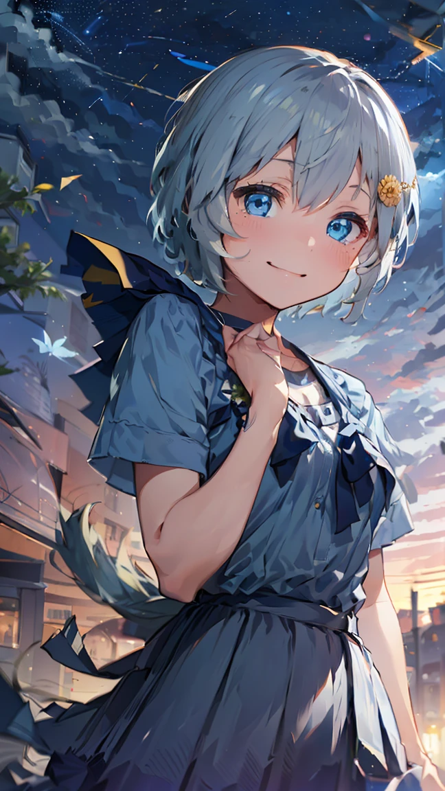 masterpiece, Highest quality, High resolution, Very detailed,(((Seiun Sky))), (((Beautiful blue dress)))、blue flower、smile、(((Skirt fluttering in the wind)))、(((Night Sky)))、(((meteor)))、(((Beautiful Eyes)))、(((Thin body type)))、thin