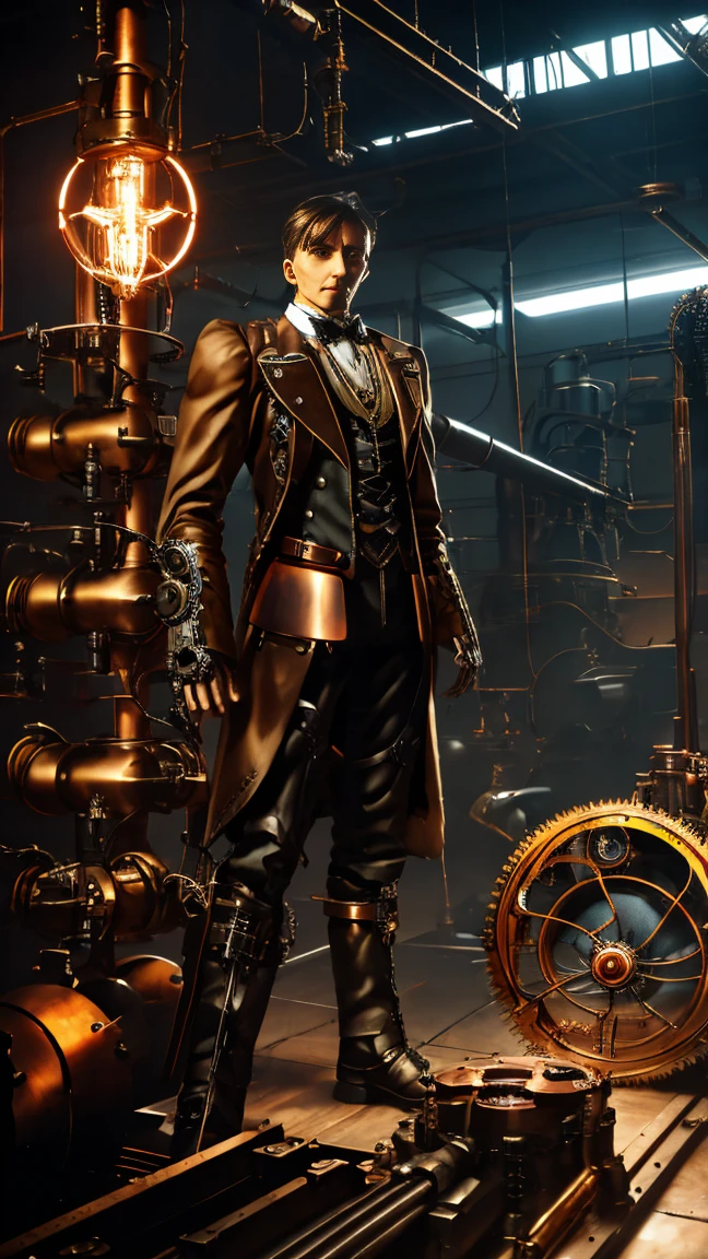 Nikola Tesla, Teslapunk, Steampunk, 1 Mann,extrem detaillierter Körper, wearing a Dampfpunk style suit, mechanische Getriebe, Teslaspulen, Elektrizität Funken, Getriebe und Maschinen, Zahnräder, Industrie, Uhrwerk, Messing, Kupfer, Dampf, futuristisch, filmische Beleuchtung, Dramatische Schatten, Hyperrealistisch, 8K, 4k, fotorealistisch, hyperdetailliert, Meisterwerk