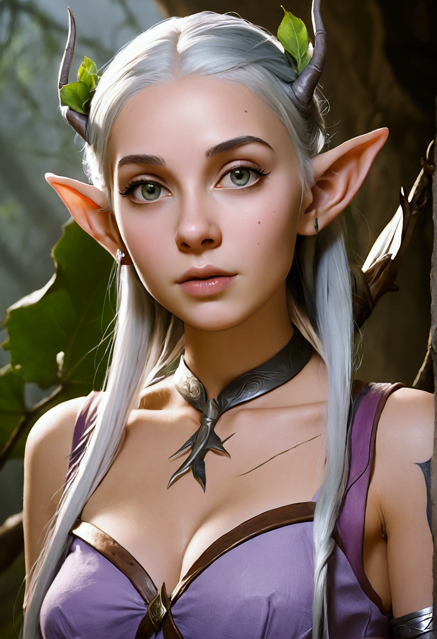 A young Elf with the tips of her ears forked and those forks crossing, a very attractive and exposed body, long, silver hair with a light, subtle shade of lilac, She also has 3 tribal tattoos in different places on her body, They also have different shapes and sizes.. The young woman must be naked and holding a magical scepter made of roots and vines, a look of lust on her face and must be biting her plump lips